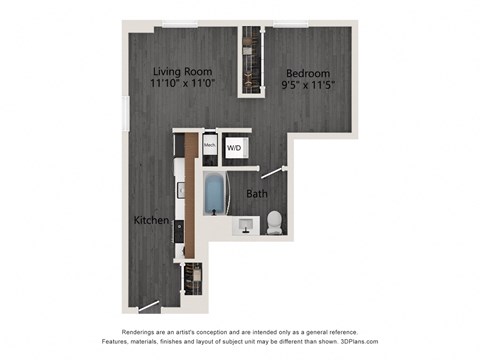 Floor plan for 1 bed, 1 bath, 597 sqft